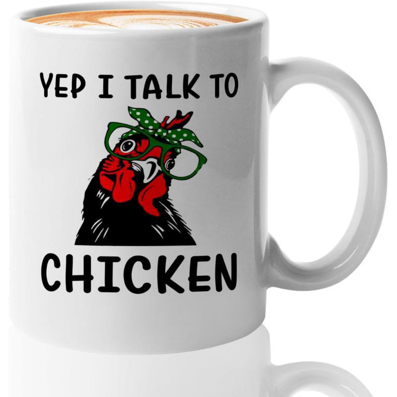 Tailorly White Ceramic 11 oz Mug - Yep I Talk To Chicken Quirky Black Farmhouse Hen Wearing Green Polka Dot Bandana Chicken