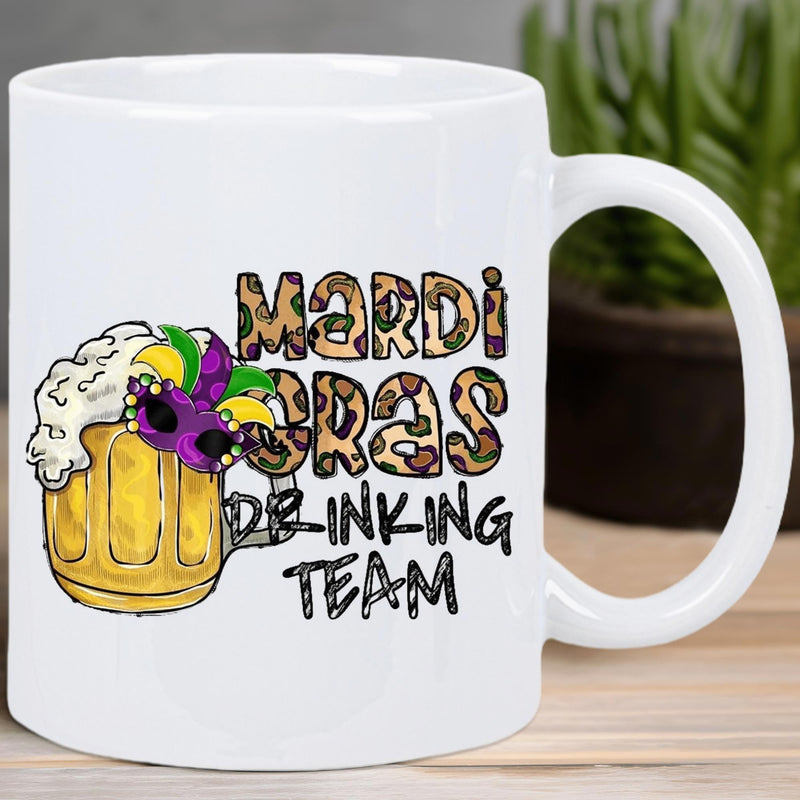 Tailorly White Ceramic 11 oz Mug - Mardi Gras Drinking Team Festive Beer Glass With Carnival Mask And Leopard Print Pattern Mug