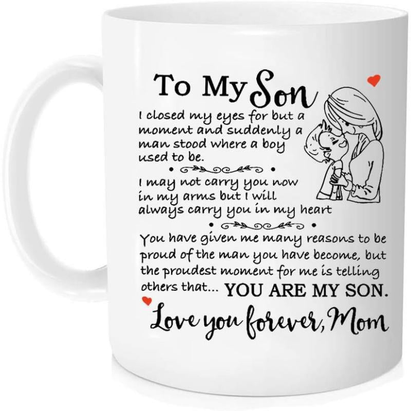 Tailorly White Ceramic 11 oz Mug - To My Son Love You Forever Mom Heartwarming Minimalist Line Art Of Mother Embracing Her Small Young Son Mug