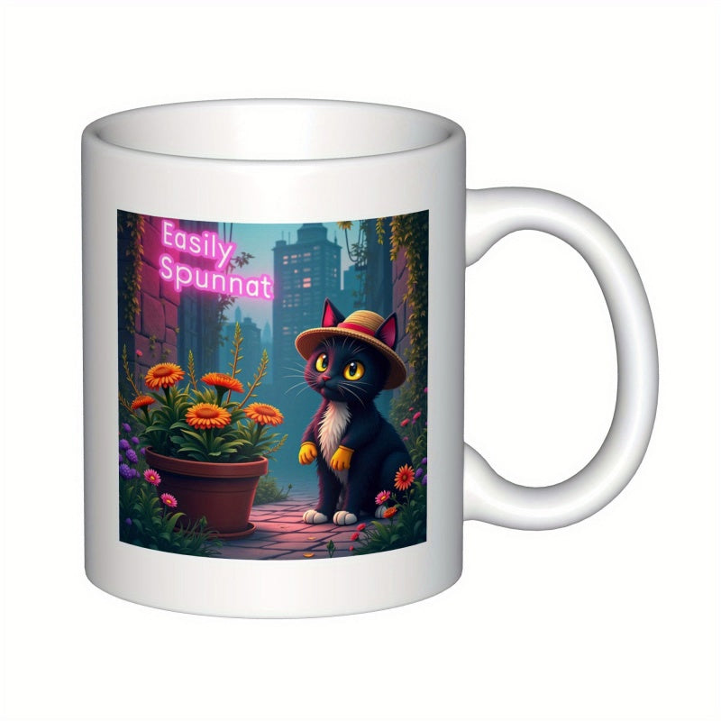 Tailorly White Ceramic 11 oz Mug - Easily Spunnat Adorable Black Cat Wearing Straw Hat Beside Potted Orange Spring Flowers Cat
