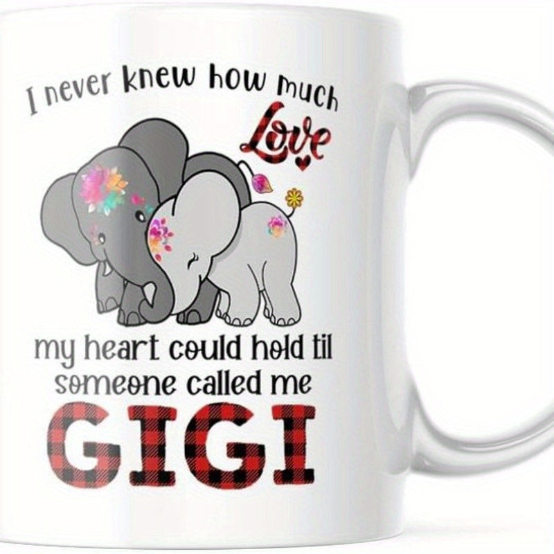 Tailorly White Ceramic 11 oz Mug - I Never Knew How Much Love My Heart Could Hold Til Someone Called Me Gigi Two Adorable Cuddling Baby Elephants With Floral