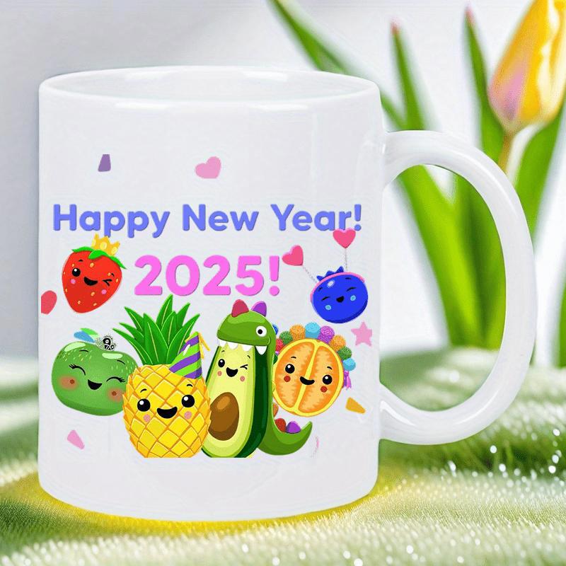 Tailorly White Ceramic 11 oz Mug - Happy New Year 2025 Adorable Colorful Cartoon Fruit Characters With Happy Smiling Faces Fruit