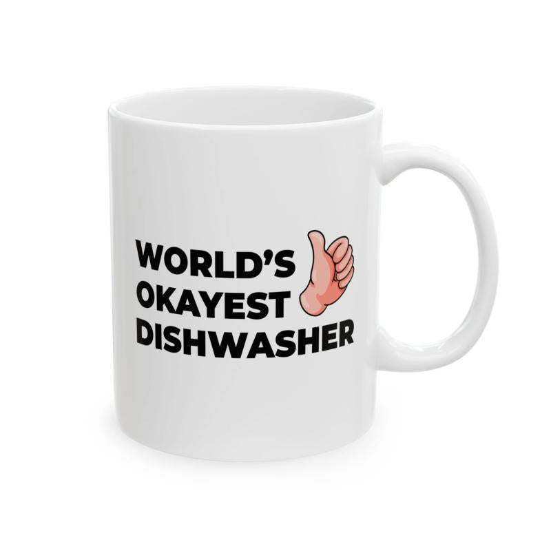 Tailorly White Ceramic 11 oz Mug - Worlds Okayest Dishwasher Minimalist Cartoon Illustration Giving A Positive Thumbs Up Sign Gesture Hand