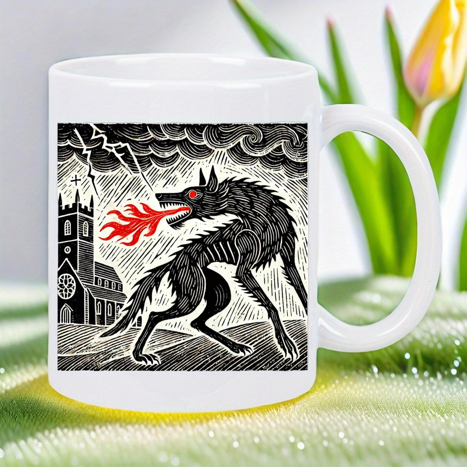 Tailorly White Ceramic 11 oz Mug - Mythical Fire Breathing Beast Standing Under Stormy Lightning Near Old Church Wolf
