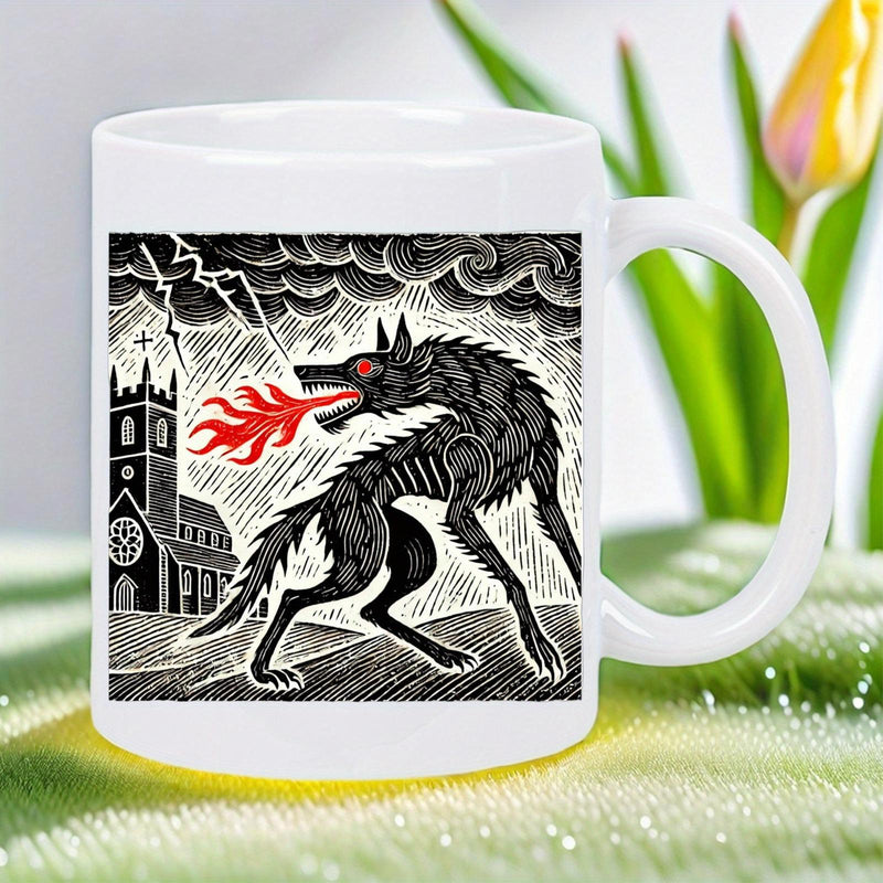 Tailorly White Ceramic 11 oz Mug - Mythical Fire Breathing Beast Standing Under Stormy Lightning Near Old Church Wolf
