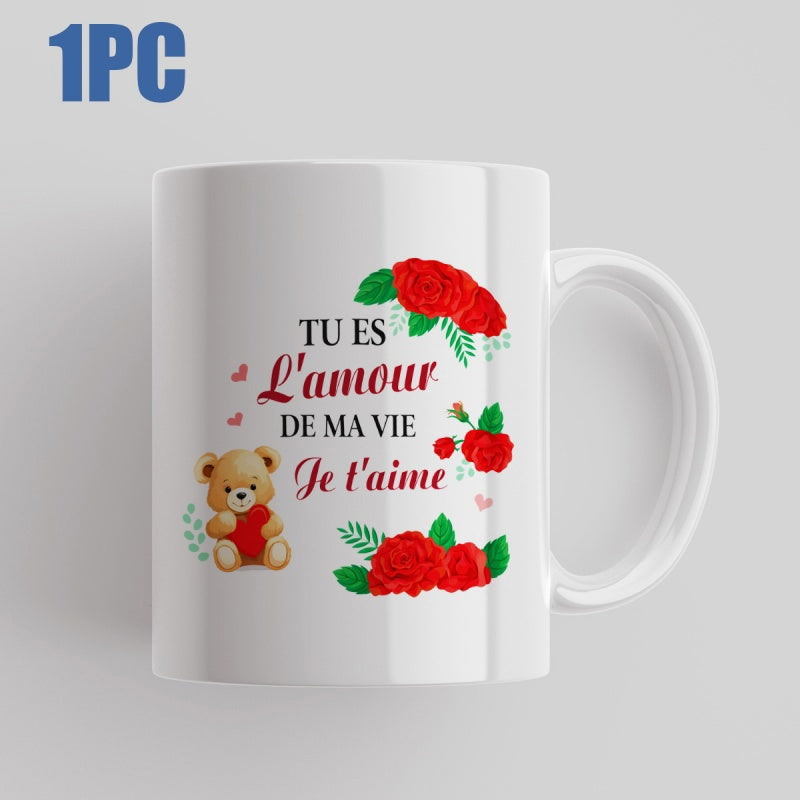 Tailorly White Ceramic 11 oz Mug - Vibrant Red Roses With A Cute Little Heart Holding Plush Bear