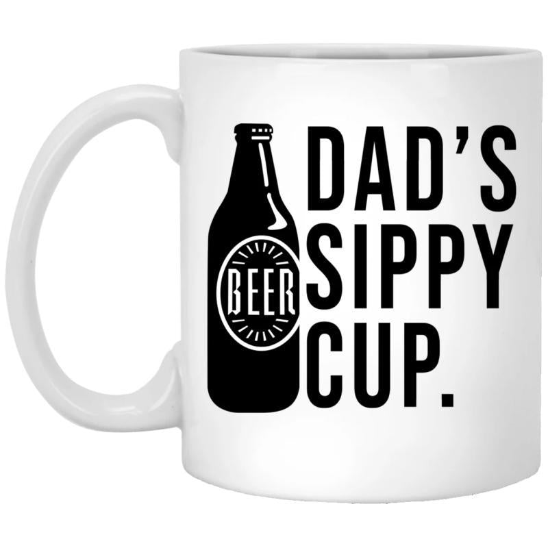 Tailorly White Ceramic 11 oz Mug - Dads Sippy Cup Beer Minimalist Black Silhouette Of A Glass Bottle With Circular Label Bottle
