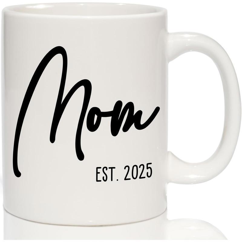 Tailorly White Ceramic 11 oz Mug - Mom Est 2025 Minimalist Black Script Lettering Centered On A Clean Smooth Surface