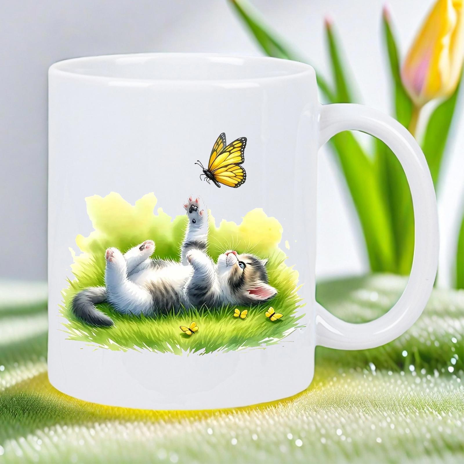Tailorly White Ceramic 11 oz Mug - Playful Fluffy Little Cat Rolling In Lush Green Summer Meadow Kitten