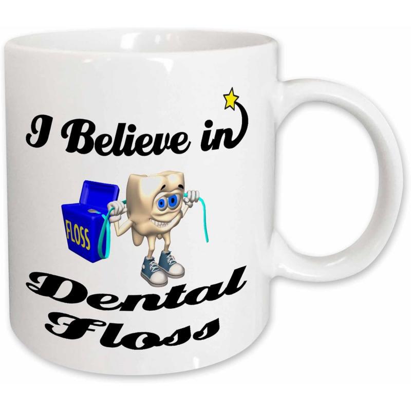 Tailorly White Ceramic 11 oz Mug - I Believe In Dental Floss Smiling Character Holding Long Blue Thread Under Yellow Shooting Star Tooth