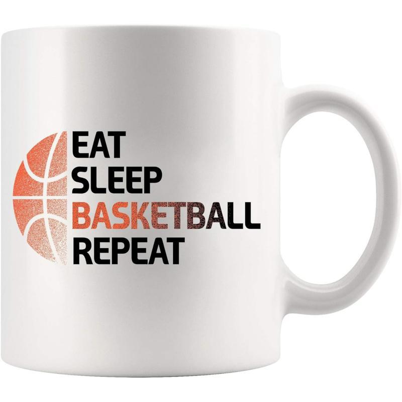 Tailorly White Ceramic 11 oz Mug - Eat Sleep Basketball Repeat Stylized Half Basketball Graphic With Modern Bold Black And Orange Typography Basketball