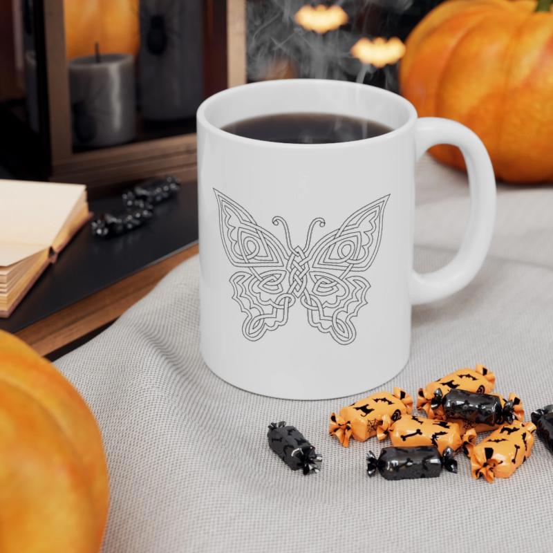 Tailorly White Ceramic 11 oz Mug - Elegant Symmetrical Winged Insect With Detailed Geometric Line Art Patterns Butterfly