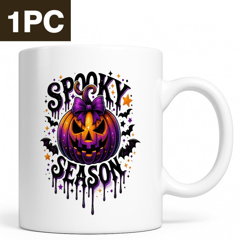 Tailorly White Ceramic 11 oz Mug - Spooky Season Vibrant Orange And Purple Jack O Lantern With Bats And Dripping Paint Pumpkin