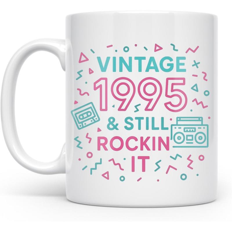 Tailorly White Ceramic 11 oz Mug - Vintage 1995 Still Rockin It Colorful Retro Geometric Shapes With Musical Icons And Tape Player Boombox
