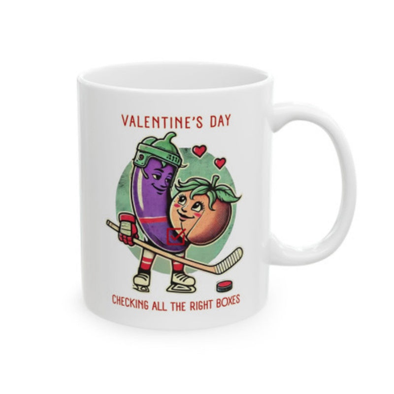 Tailorly White Ceramic 11 oz Mug - Valentine's Day Checking All The Right Boxes Sporty Eggplant Wearing Hockey Gear Holding A Stick With A Peach Character