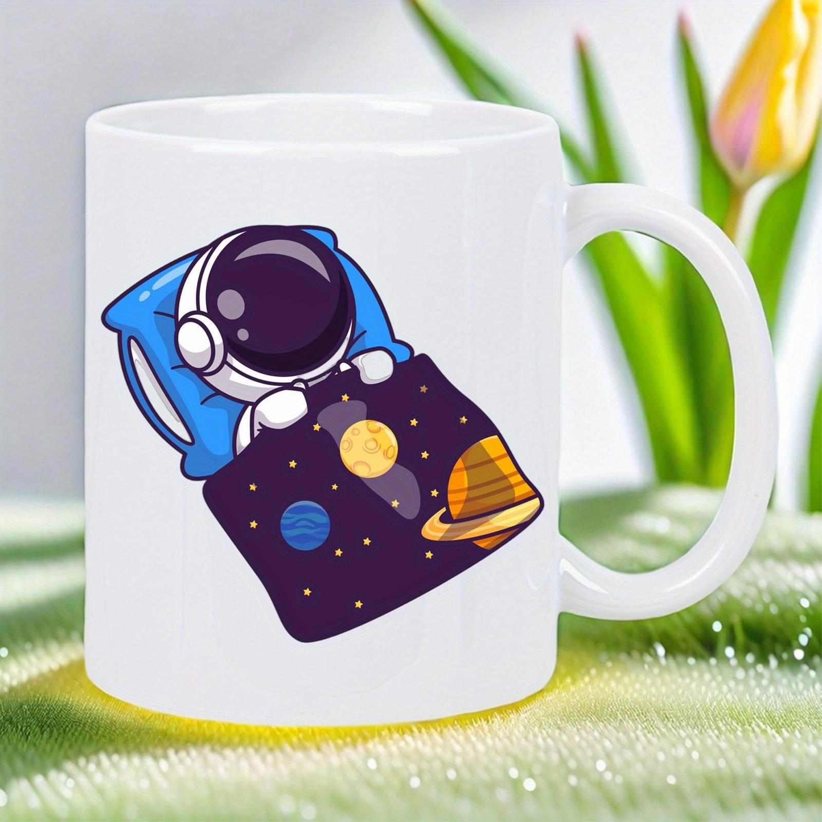 Tailorly White Ceramic 11 oz Mug - Cute Little Sleeping On Blue Pillow Covered By Galaxy Patterned Blanket Astronaut