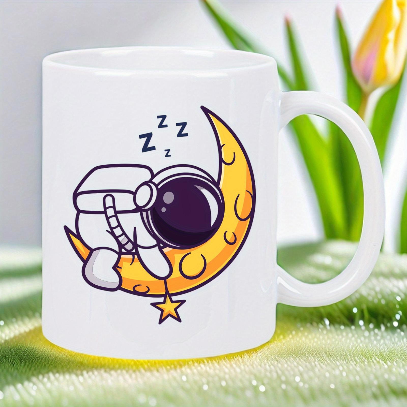 Tailorly White Ceramic 11 oz Mug - Zzz Cute Cartoon Character Sleeping Peacefully On A Golden Crescent Moon Astronaut