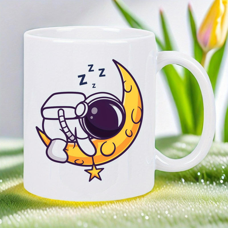 Tailorly White Ceramic 11 oz Mug - Zzz Cute Cartoon Character Sleeping Peacefully On A Golden Crescent Moon Astronaut