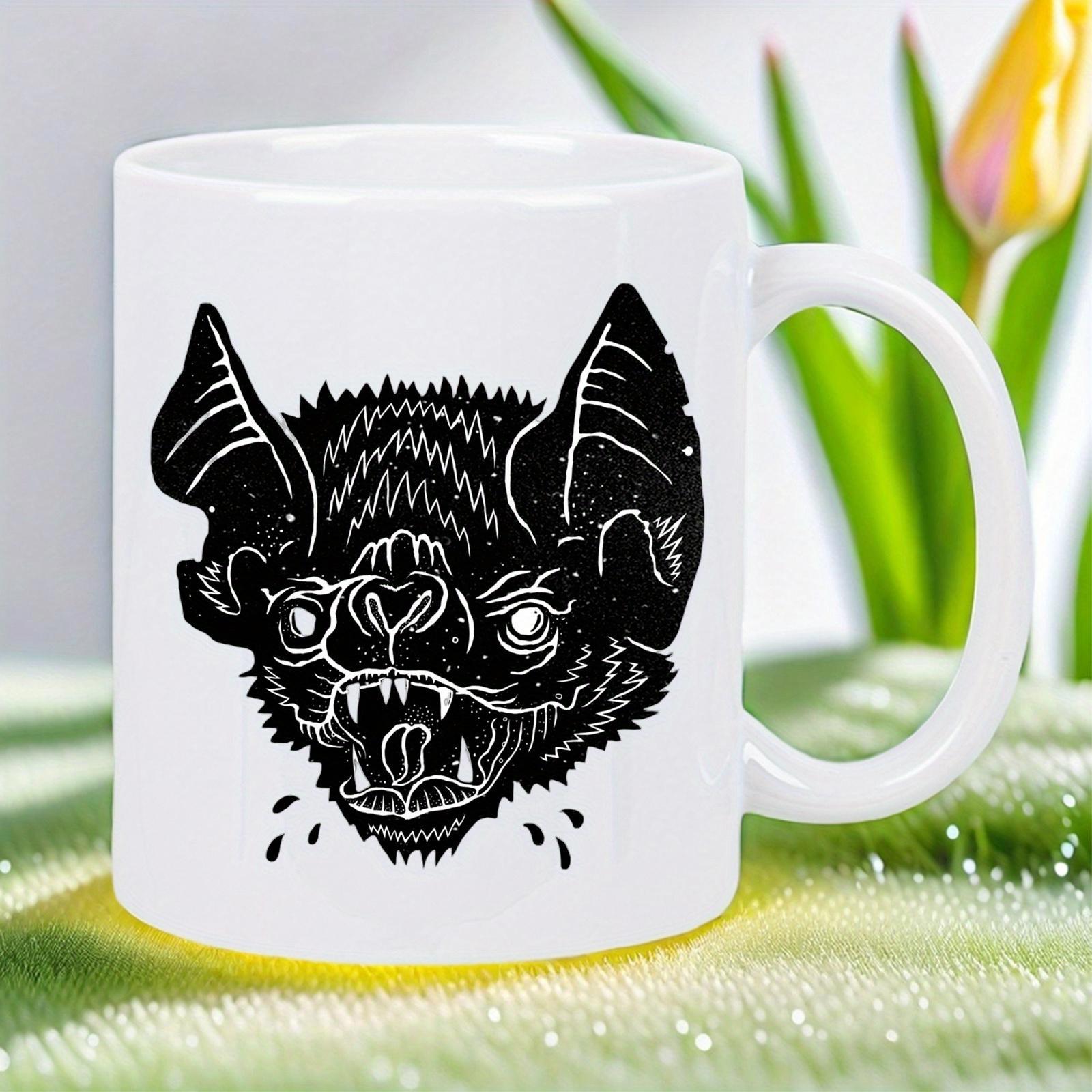 Tailorly White Ceramic 11 oz Mug - Intricate Black Ink Illustration Of A Fierce Vampire Fruit Bat