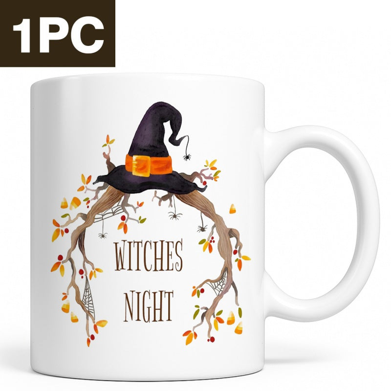 Tailorly White Ceramic 11 oz Mug - Witches Night Arched Autumn Branches With Spiders And A Classic Black Pointed Witch Hat