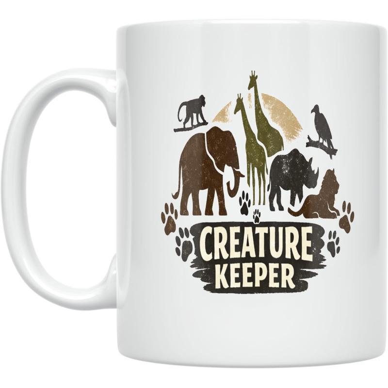 Tailorly White Ceramic 11 oz Mug - Creature Keeper Diverse Wild Animals Gathering Among Paw Prints Under Golden Sun Wildlife