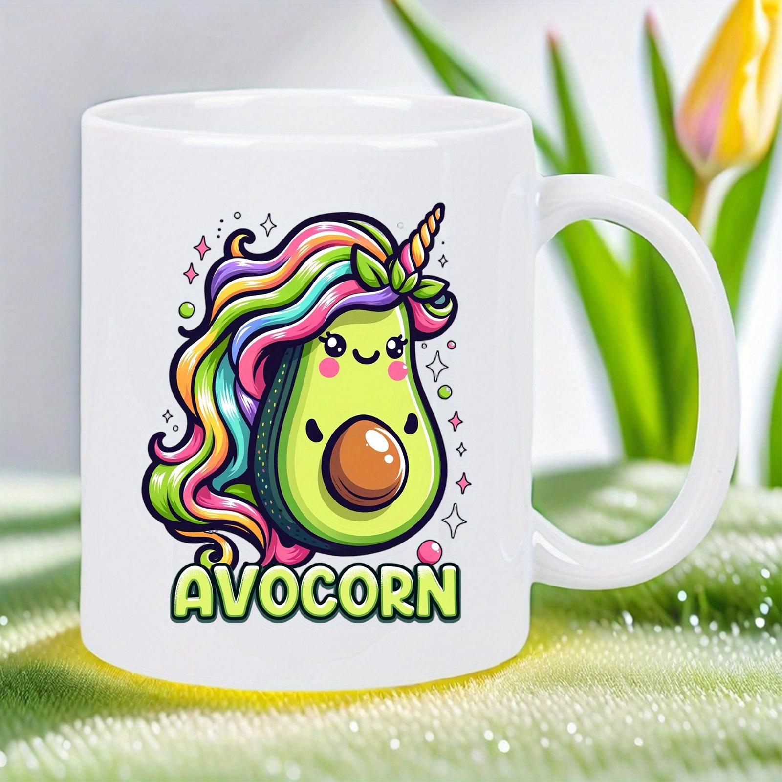 Tailorly White Ceramic 11 oz Mug - Avocorn Cute Rainbow Hair Unicorn Horn Smiling Fruit Among Magical Sparkles Avocado