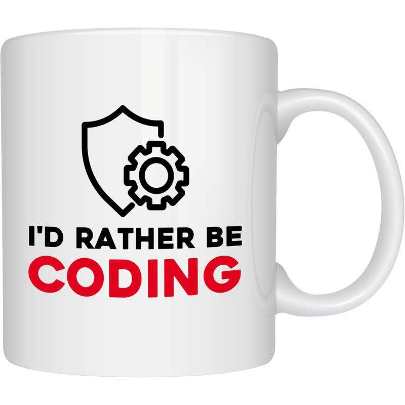 Tailorly White Ceramic 11 oz Mug - Id Rather Be Coding Minimalist Black Shield Outline Combined With Mechanical Gear Cogwheel Graphic Mug