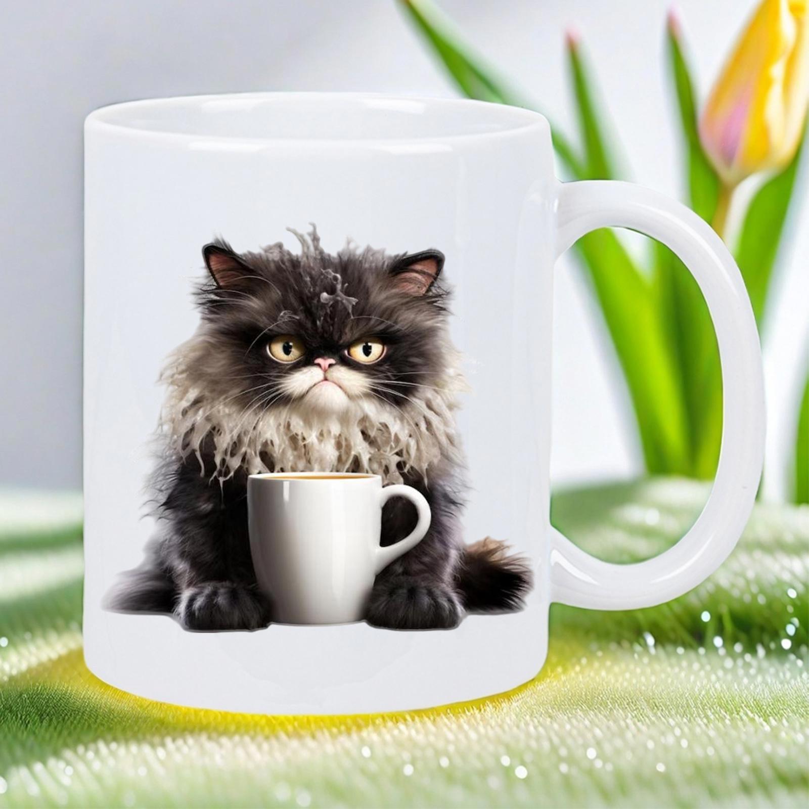 Tailorly White Ceramic 11 oz Mug - Grumpy Fluffy Black Persian Cat Relaxing Behind Small Steaming White Coffee Cat