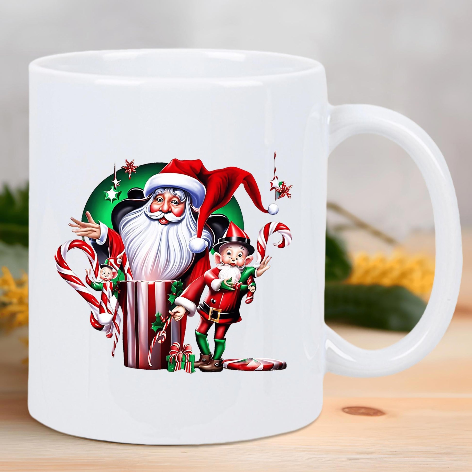 Tailorly White Ceramic 11 oz Mug - Festive Christmas Scene Featuring Jolly Old Man With Cheerful Little Elves Santa Claus
