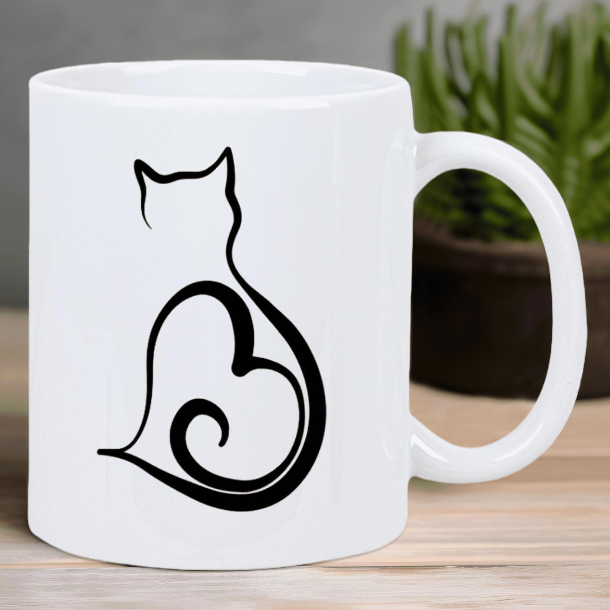 Tailorly White Ceramic 11 oz Mug - Minimalist Artistic Black Line Design Forming A Graceful Heart Shaped Silhouette Cat