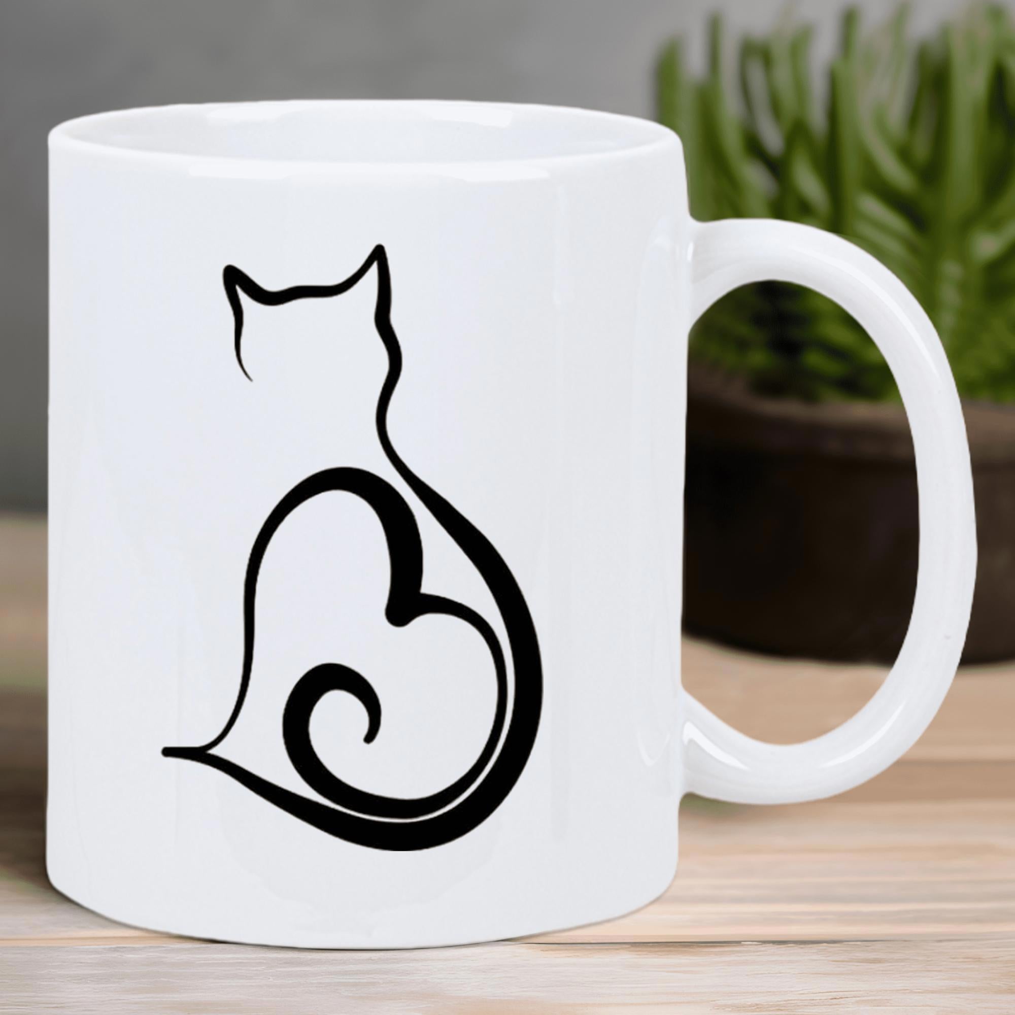 Tailorly White Ceramic 11 oz Mug - Minimalist Artistic Black Line Design Forming A Graceful Heart Shaped Silhouette Cat