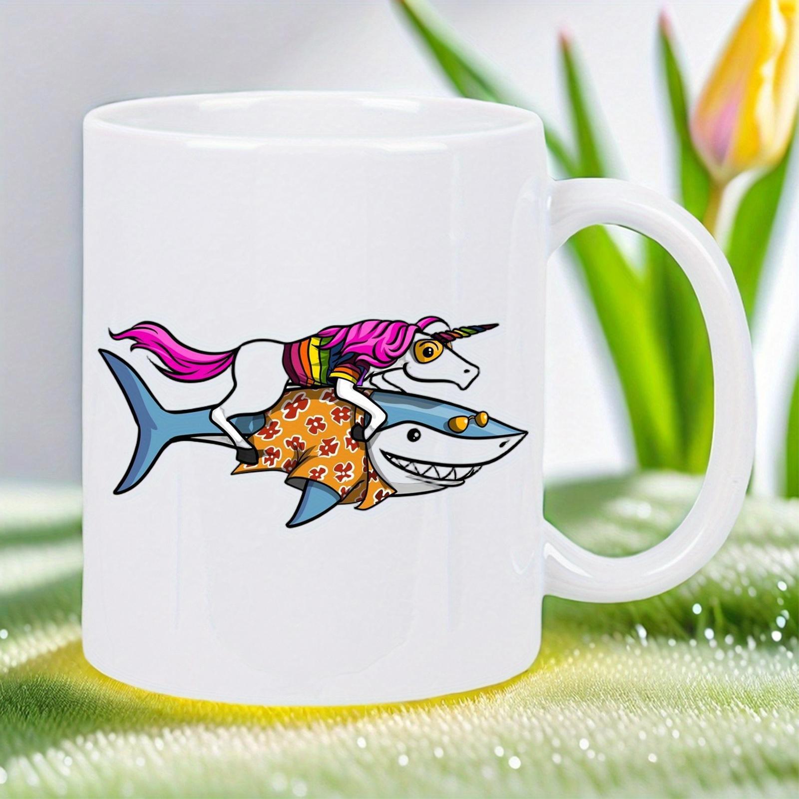 Tailorly White Ceramic 11 oz Mug - Whimsical Cartoon Unicorn Wearing Sunglasses Riding On A Cool Hawaiian Shark