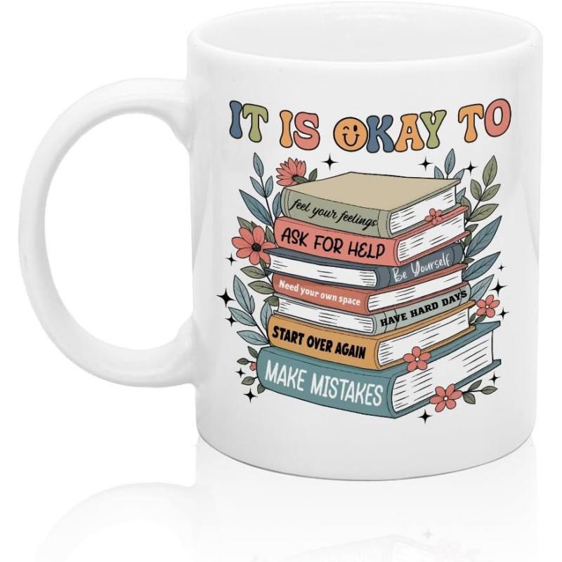 Tailorly White Ceramic 11 oz Mug - It Is Okay To Ask For Help Start Over Again Make Mistakes Colorful Retro Vintage Aesthetic With Delicate Floral Accents Stacked