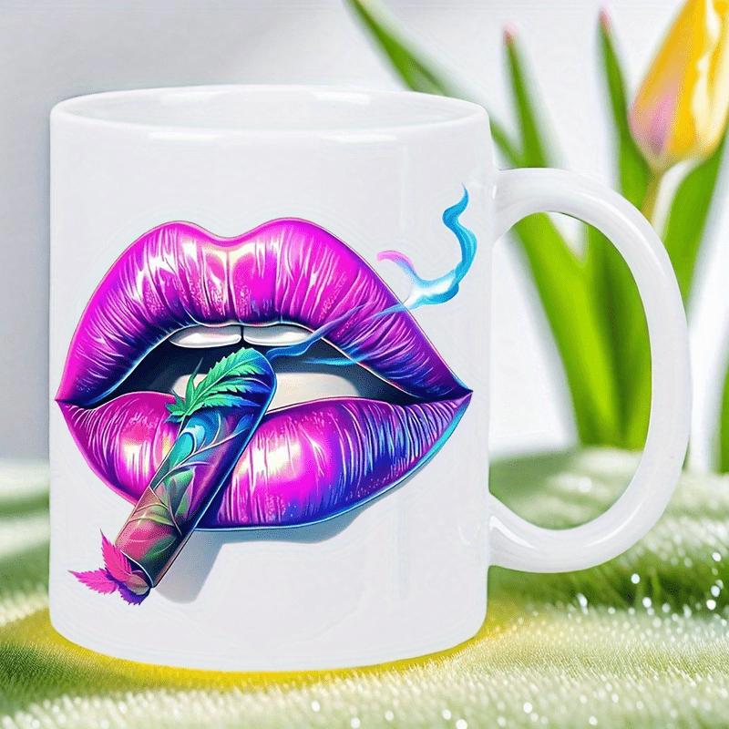Tailorly White Ceramic 11 oz Mug - Vibrant Neon Purple And Blue Aesthetic Design With Swirling Smoke Lips