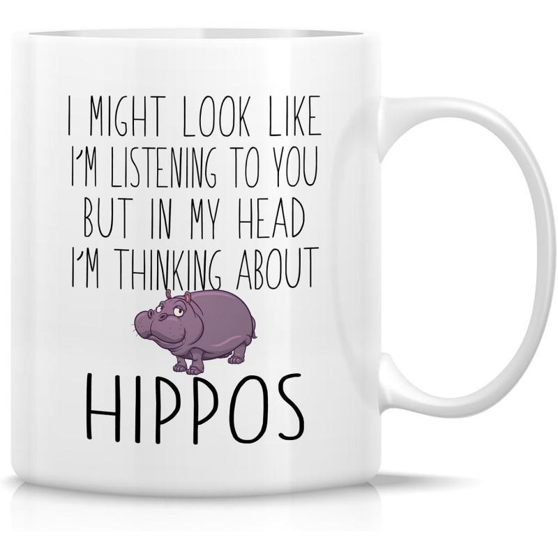 Tailorly White Ceramic 11 oz Mug - I Might Look Like Im Listening To You But In My Head Im Thinking About Hippos Cute Small Purple Animal Standing On Empty White