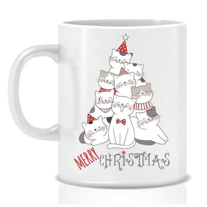 Tailorly White Ceramic 11 oz Mug - Merry Christmas Adorable Cartoon Kittens Stacked In A Tree Shape Wearing Festive Holiday Accessories Cat