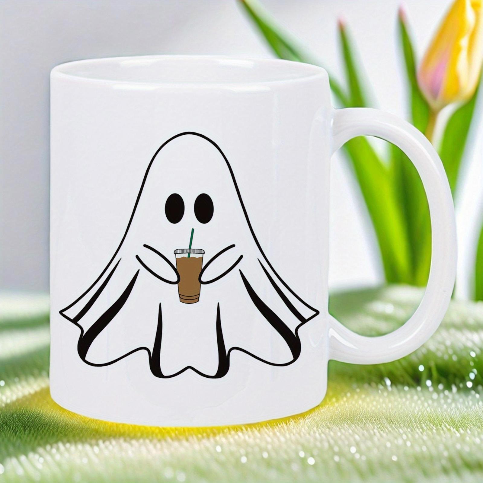 Tailorly White Ceramic 11 oz Mug - Adorable Little Cartoon Sheet Ghost Holding A Refreshing Iced Coffee Ghost