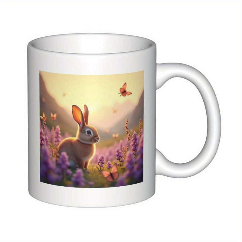 Tailorly White Ceramic 11 oz Mug - Peaceful Meadow With Lavender Flowers And Fluttering Butterflies Under Sunset Rabbit