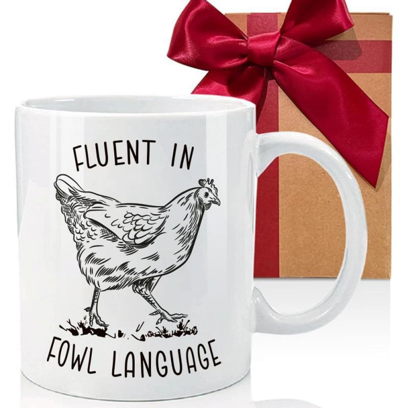 Tailorly White Ceramic 11 oz Mug - Fluent In Fowl Language Detailed Black Line Sketch Of A Farmyard Hen Standing In Grass Chicken