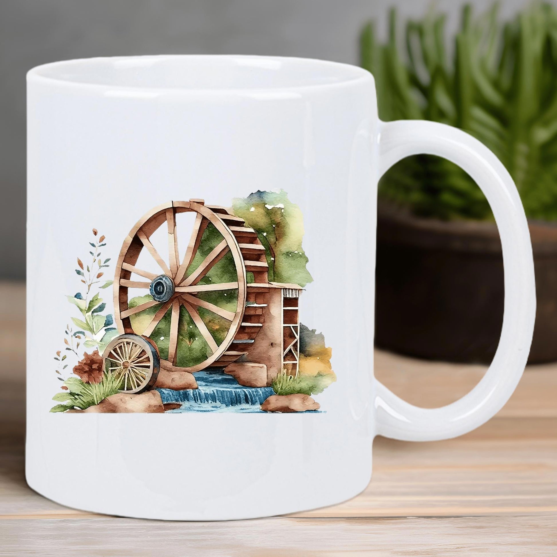 Tailorly White Ceramic 11 oz Mug - Rustic Wooden Structure Beside Flowing Stream With Lush Green Foliage Scenic Waterwheel