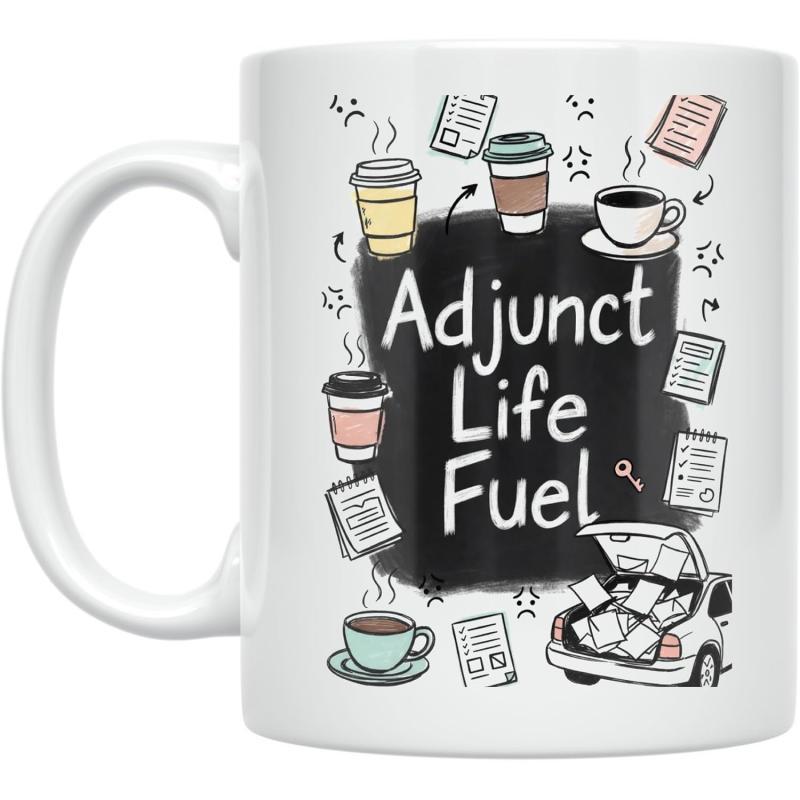 Tailorly White Ceramic 11 oz Mug - Adjunct Life Fuel Whimsical Hand Drawn Coffee Cups And Document Filled Car Trunk Mug