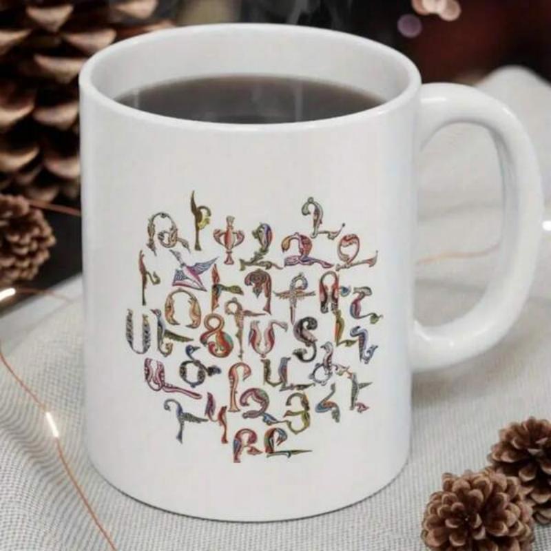 Tailorly White Ceramic 11 oz Mug - Intricate Artistic Ancient Armenian Alphabet Characters Featuring Colorful Textures Calligraphy