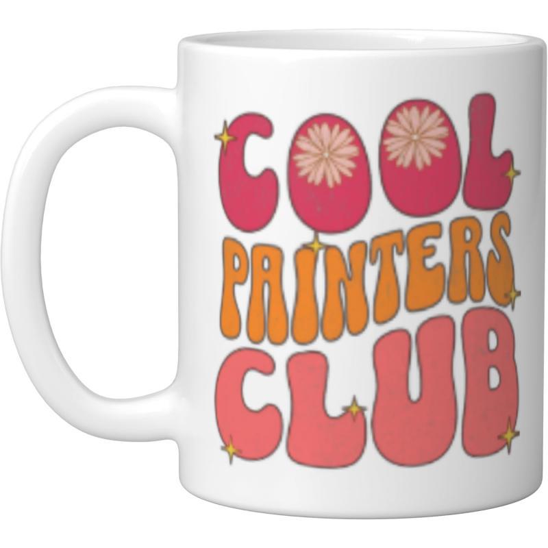 Tailorly White Ceramic 11 oz Mug - Cool Painters Club Colorful Retro Bubbly Letters Decorated With Flowers And Tiny Shining Stars Typographic Art