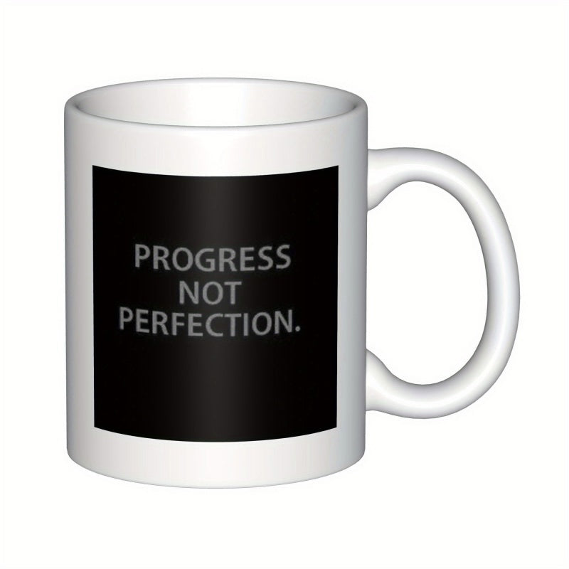 Tailorly White Ceramic 11 oz Mug - Progress Not Perfection Minimalist Bold Black Rectangular Print On Smooth Mug