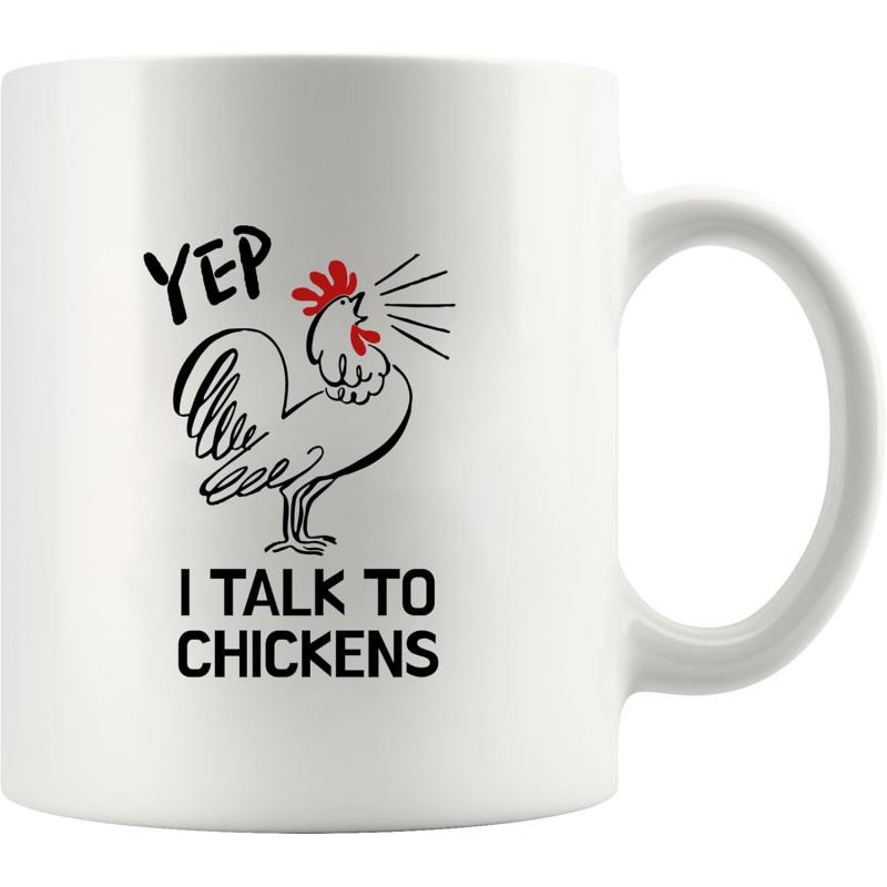 Tailorly White Ceramic 11 oz Mug - Yep I Talk To Chickens Artistic Minimalist Hand Drawn Lines Crowing Farm Animal With Red Comb Rooster
