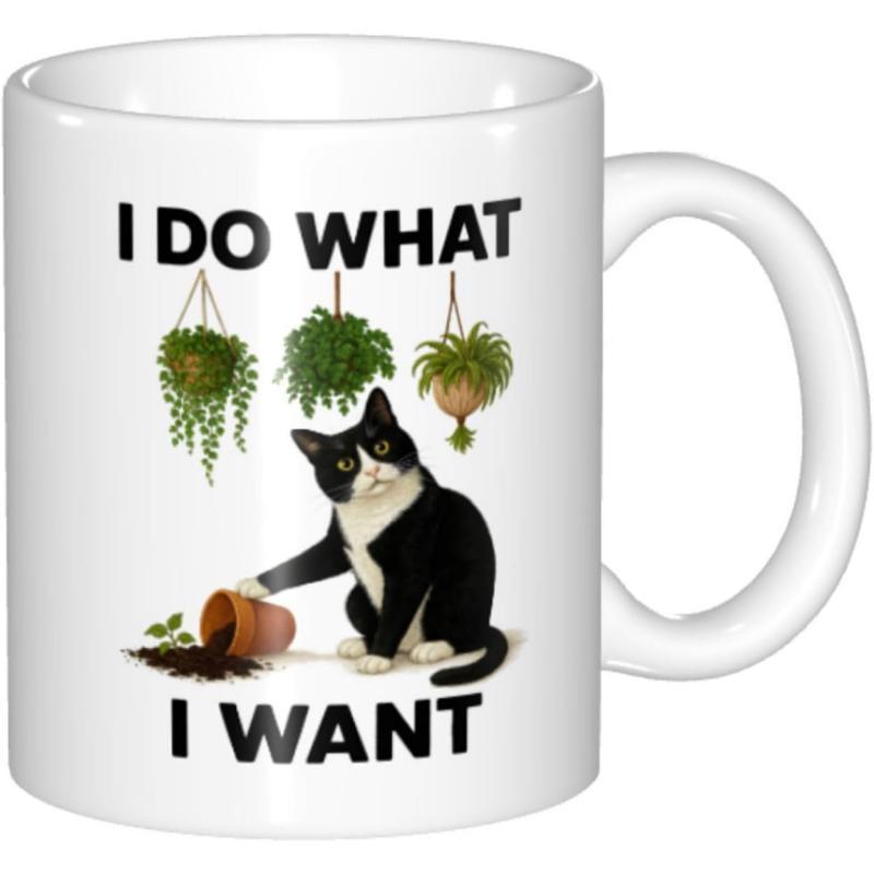 Tailorly White Ceramic 11 oz Mug - I Do What I Want Naughty Tuxedo Feline With Spilled Soil Among Hanging Green Potted Plants Cat