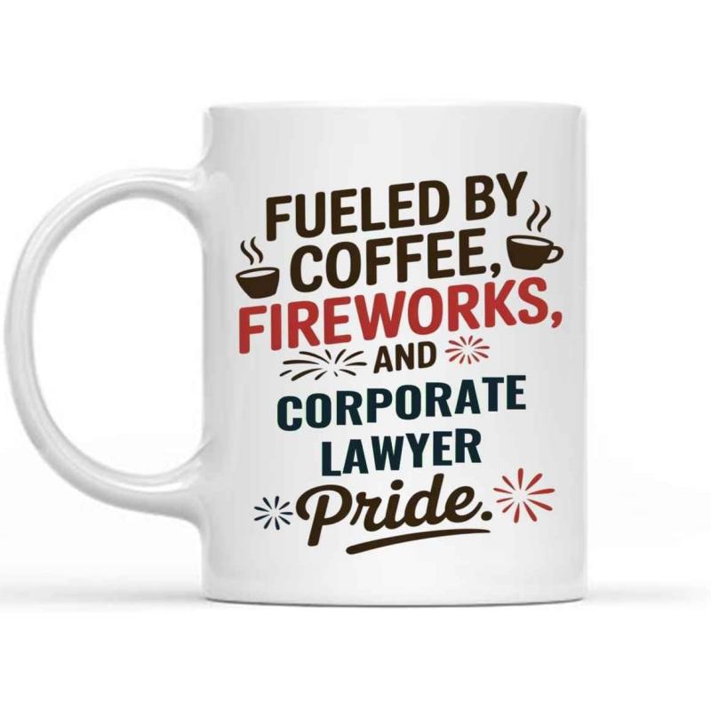 Tailorly White Ceramic 11 oz Mug - Fueled By Coffee Fireworks And Corporate Lawyer Pride Simple Steaming Coffee Cups Surrounded By Radiant Starbursts And