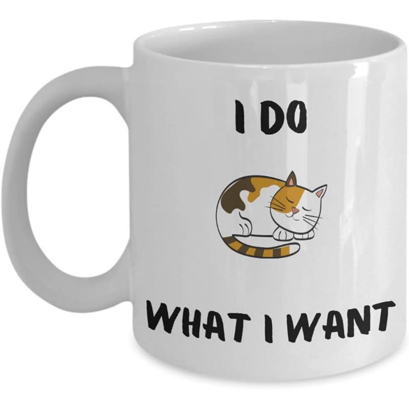 Tailorly White Ceramic 11 oz Mug - I Do What I Want Sleeping Calico Cat Resting Peacefully Between Bold Black Text Cat