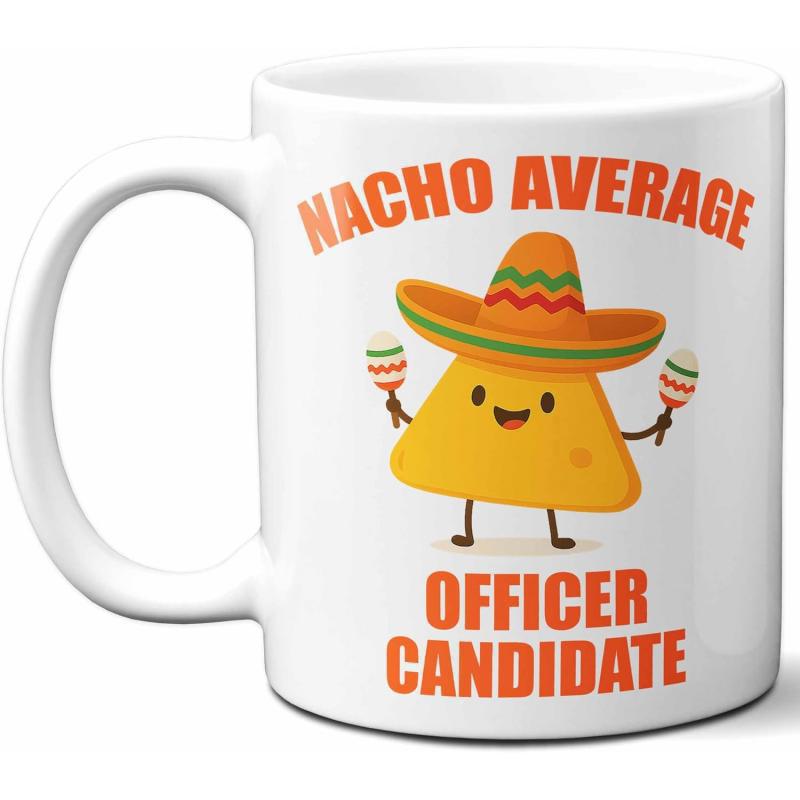 Tailorly White Ceramic 11 oz Mug - Nacho Average Officer Candidate Cute Smiling Mexican Tortilla Wearing Traditional Sombrero Hat Holding Colorful Festive Maracas