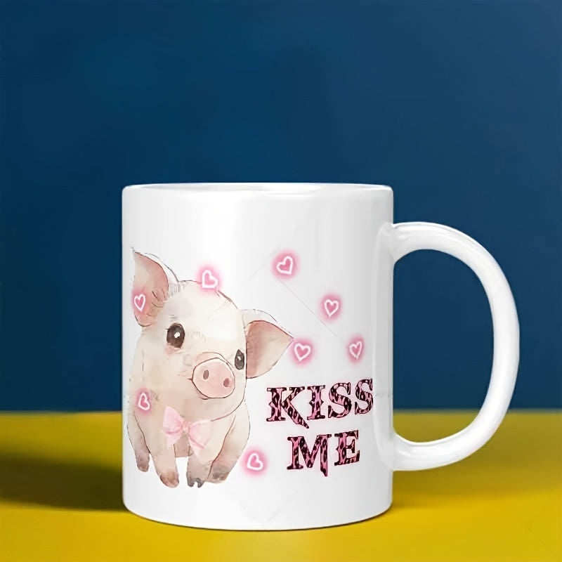 Tailorly White Ceramic 11 oz Mug - Kiss Me Adorable Baby Pig With Pink Bow Surrounded By Glowing Neon Hearts Pig